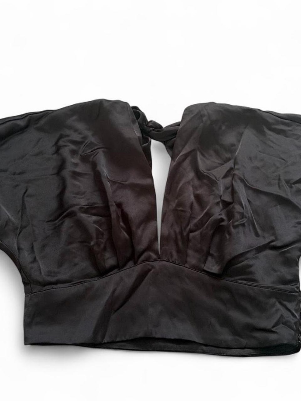 Zara Black Satin V-Neck Crop Top with Short Sleeves